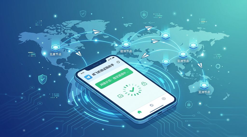 一台正在连接全球网络节点的手机，界面显示网络状态稳定，简洁的科技风格矢量插画