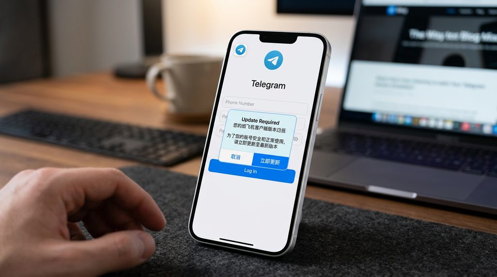 一部智能手机显示纸飞机登录界面,弹窗提示版本过低需要更新的特写照片