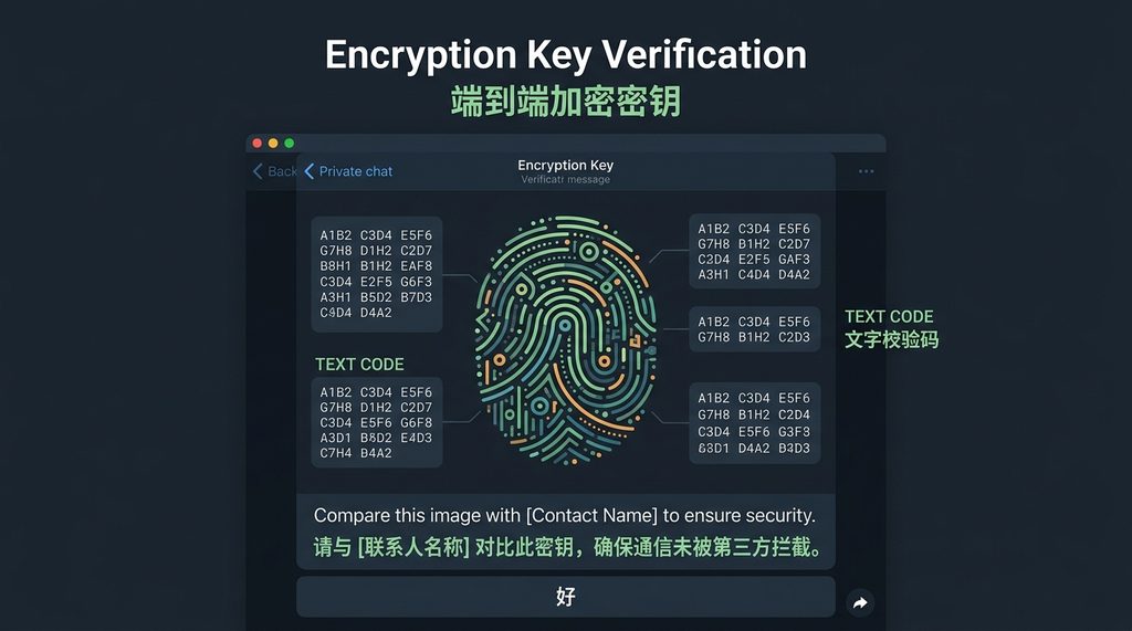 纸飞机软件内查看加密密钥的界面,显示复杂的图像指纹和文字校验码,简洁的深色模式风格