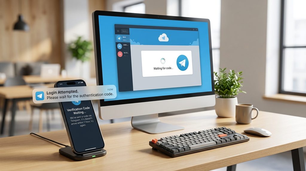 一张现代办公桌场景，电脑屏幕显示纸飞机桌面版界面，一旁手机屏幕显示等待验证码的提醒，色调简洁明亮