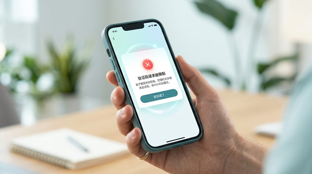 用户在手机上操作界面，显示验证码请求被限制的提示图标，光影质感设计