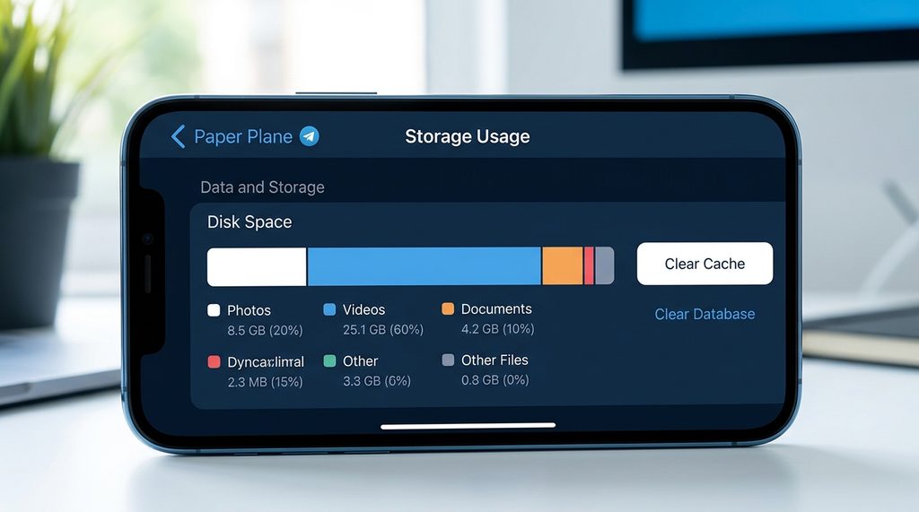 手机设置界面中纸飞机数据与存储的存储使用量页面截图,展示磁盘空间占用比例图表
