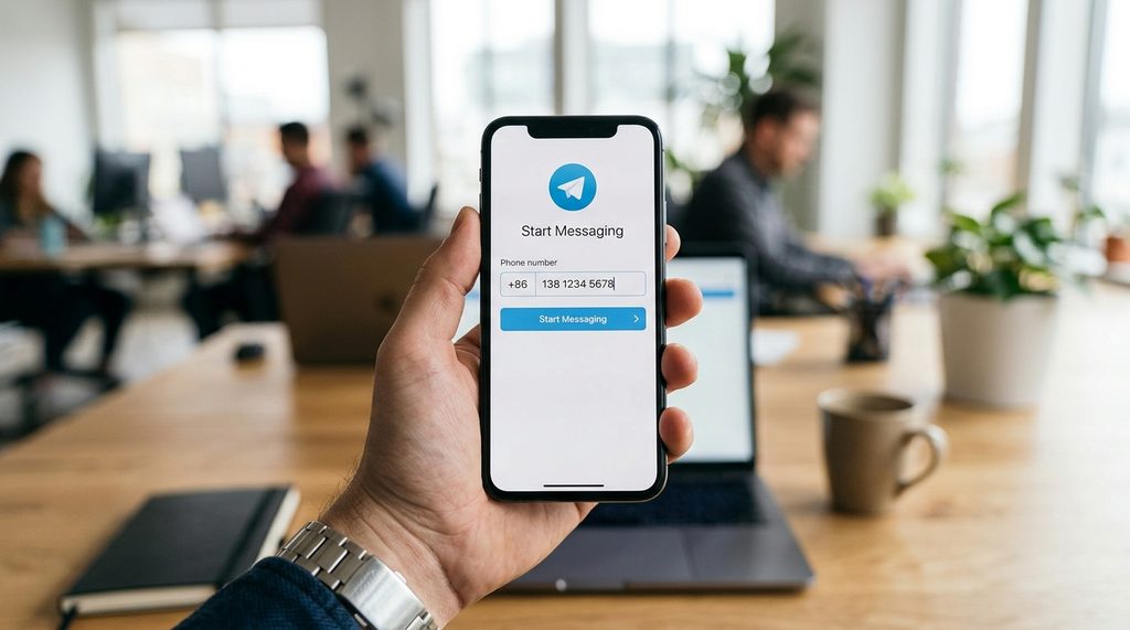 一只手拿着智能手机，屏幕显示纸飞机登录界面，正在输入带国家代码的手机号，背景模糊的现代办公空间