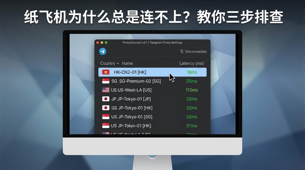 一张简洁的电脑屏幕截图,显示代理软件的节点选择界面,鼠标悬停在一个延迟极低的节点上