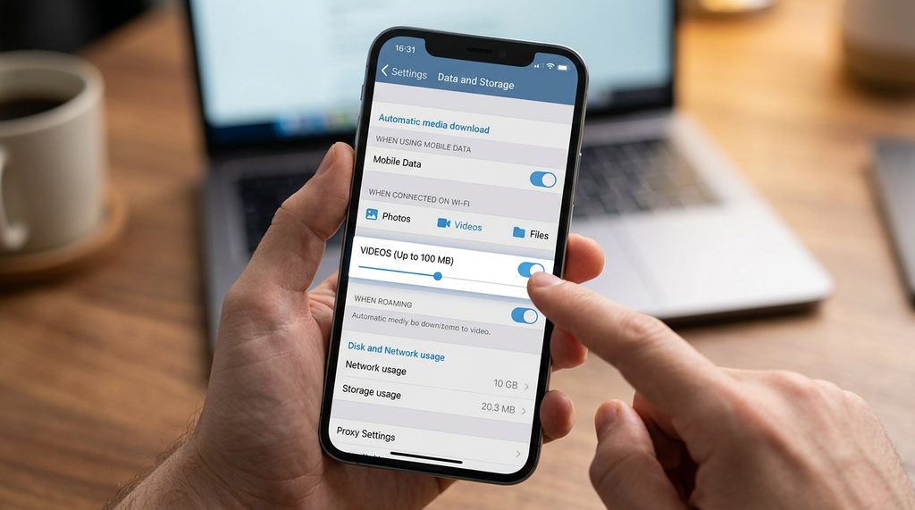 手机设置界面中纸飞机数据与存储选项的截图，重点展示自动下载视频的开关设置