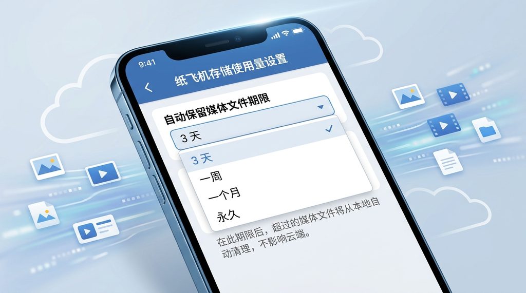 纸飞机存储使用量设置中,媒体自动保留时间的选择菜单界面