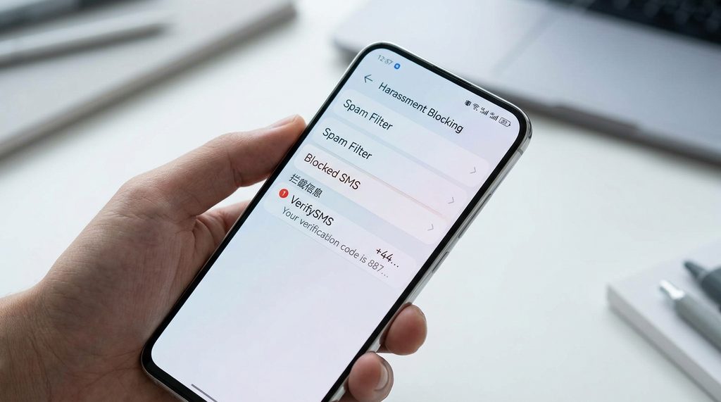 手机设置菜单界面，展示“骚扰拦截”设置选项，屏幕显示拦截记录列表，包含一条未读验证码通知