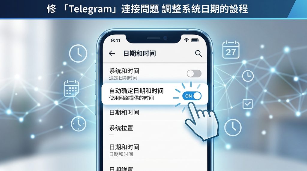 手机设置界面,展示开启“自动同步网络时间”的开关,光标点击确认