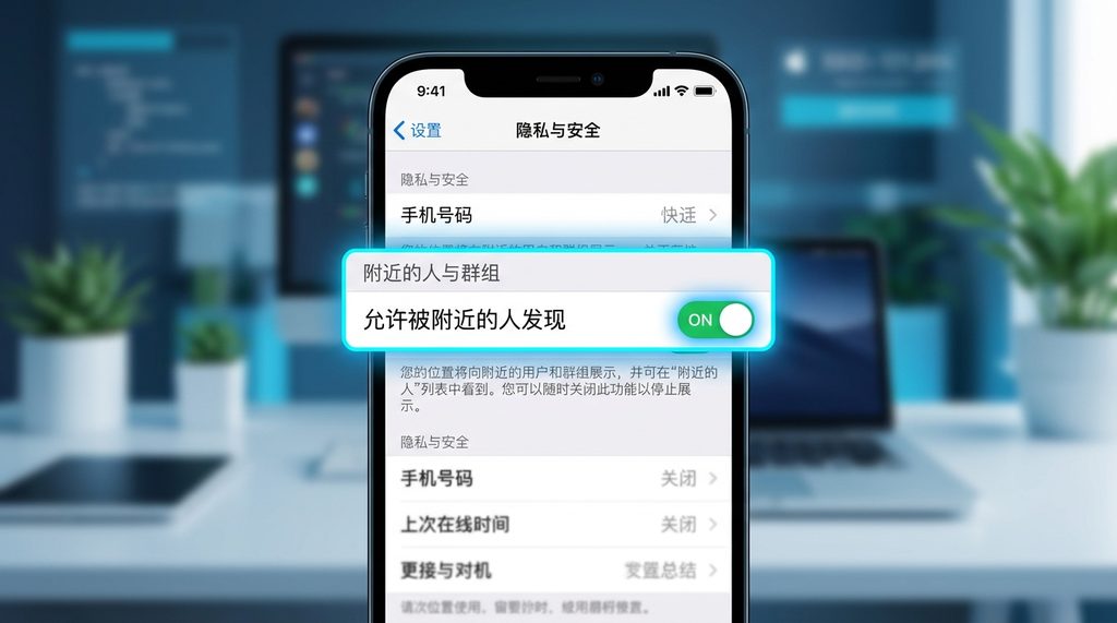 纸飞机软件隐私设置页面，高亮显示附近的群组与用户可见性开关