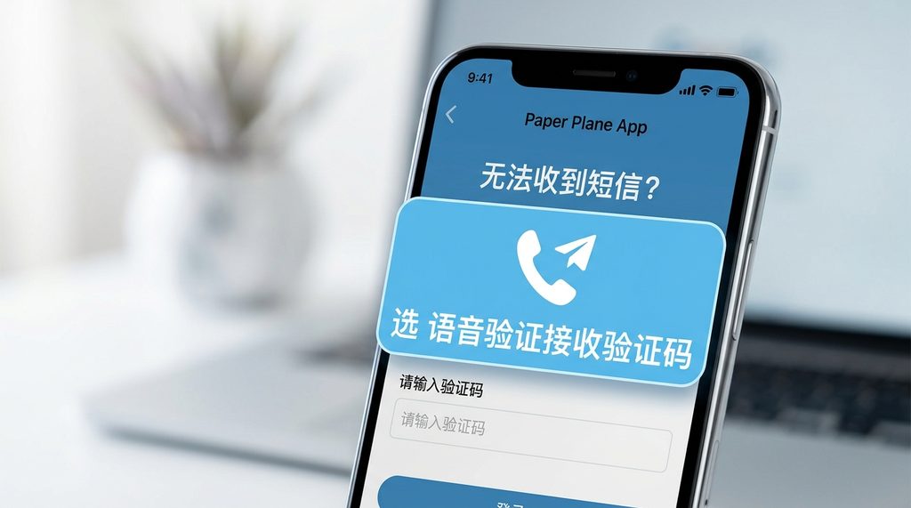 纸飞机登录页面的特写，屏幕提示“无法收到短信？选择语音验证接收验证码”的按钮，图标风格简洁明快