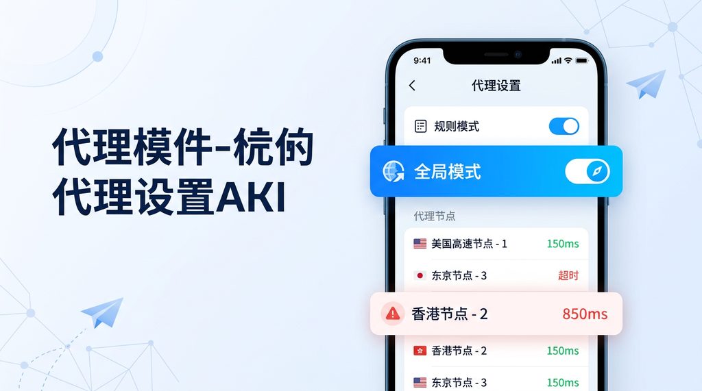 手机屏幕显示代理软件切换界面,高亮展示全局模式与节点延迟数值,界面简洁清晰