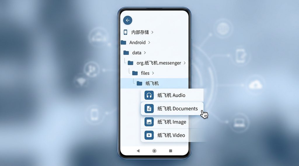 安卓手机文件管理界面，展示了纸飞机文件夹下的不同类型文件路径，背景简洁，专业教程风格