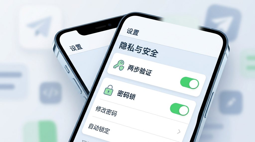 一部智能手机屏幕显示纸飞机软件的隐私设置页面，重点展示“两步验证”和“密码锁”的开关状态，UI风格简