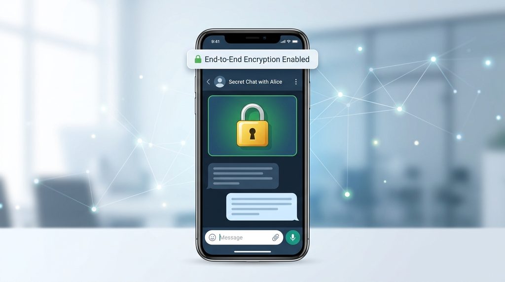一张现代手机屏幕显示的加密聊天界面示意图,带有显眼的锁形图标,背景简洁,界面上方显示“端到端加密”提