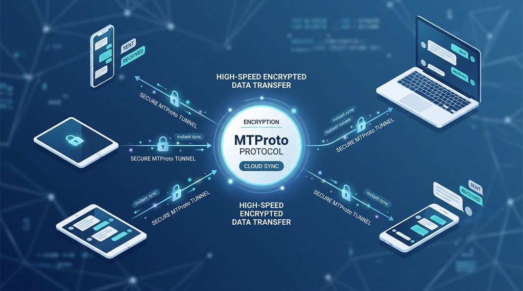 一个极简风格的数字化架构示意图,展示了信息在多设备终端之间的高速加密传输过程