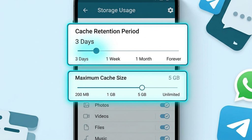 纸飞机App内的存储管理设置页面，高亮显示数据清理滑块和缓存保留时间设置，现代UI设计