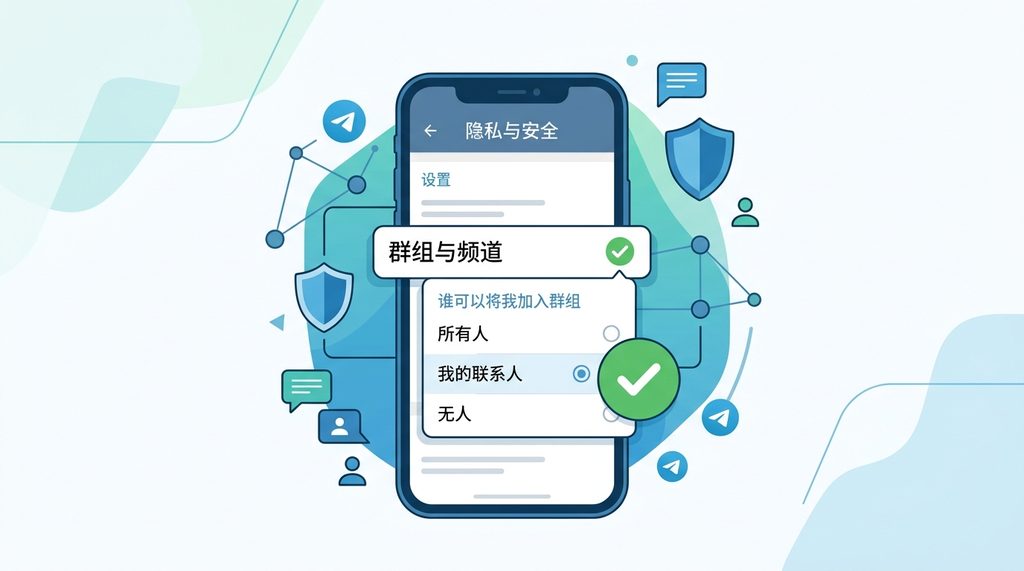 纸飞机软件内的隐私设置界面，勾选“群组与频道”选项，并弹出下拉菜单展示权限限制，采用扁平化设计风格