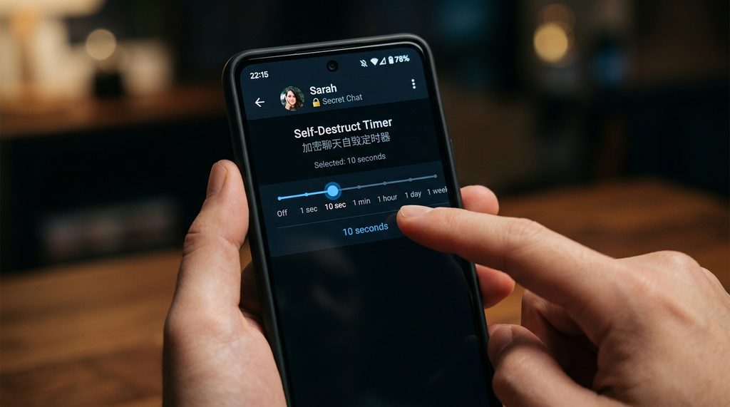 一部智能手机屏幕的特写,手指正在拨动纸飞机加密聊天中的自毁定时器滚动条,背景模糊处理,强调隐私感