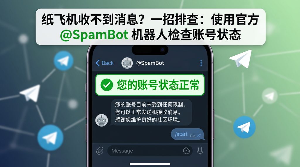 手机截屏展示 @SpamBot 对话框,显示账号正常状态的绿色反馈界面