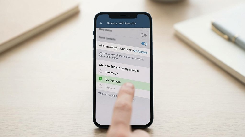 手机屏幕显示纸飞机隐私设置界面,清晰展示电话号码隐私选项的设置流程,背景简洁明了