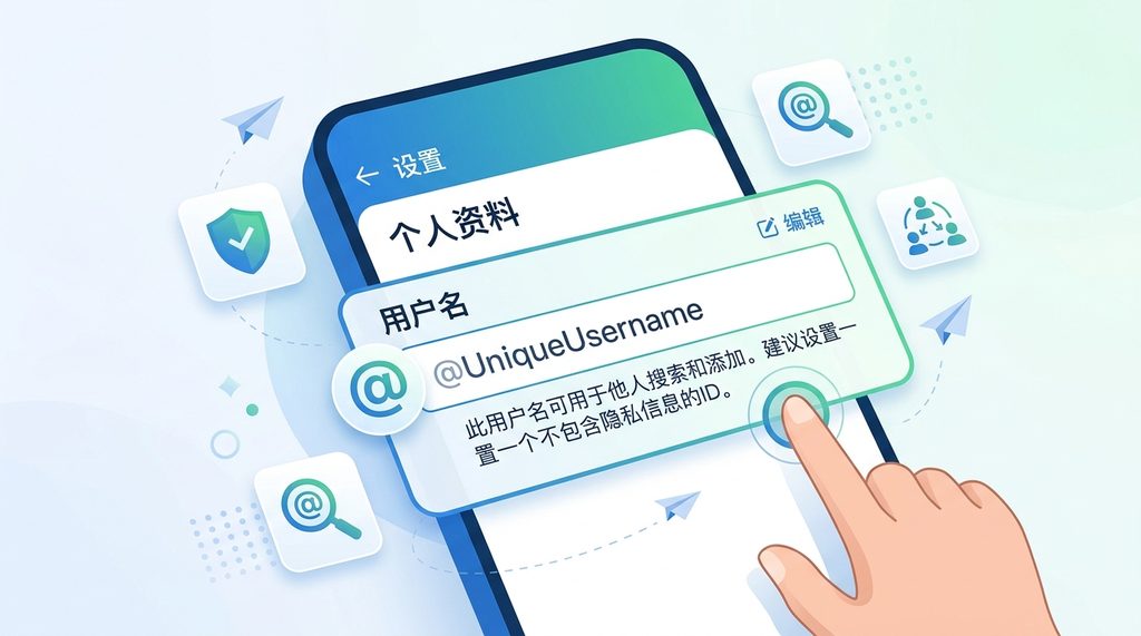 纸飞机个人资料设置页面,突出显示用户名编辑框和 @ 符号的示例,风格现代且易于识别