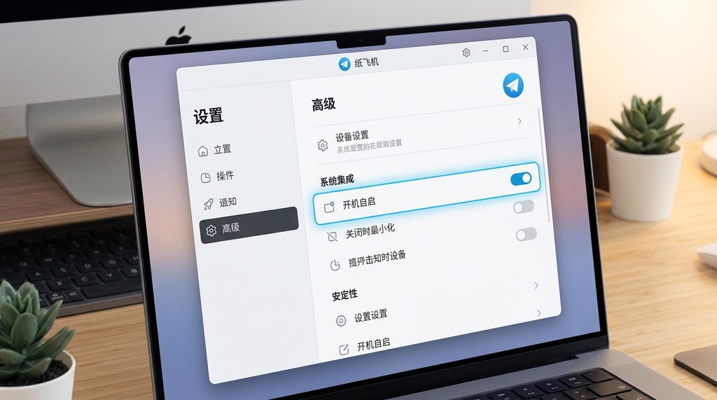 纸飞机电脑版设置界面，高亮显示高级设置中的开机自启开关，简洁的图标和交互界面