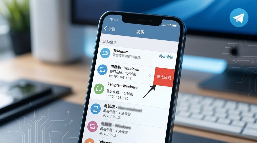 纸飞机手机端“设备管理”界面，清晰列出已登录设备的列表及终止会话的操作指引
