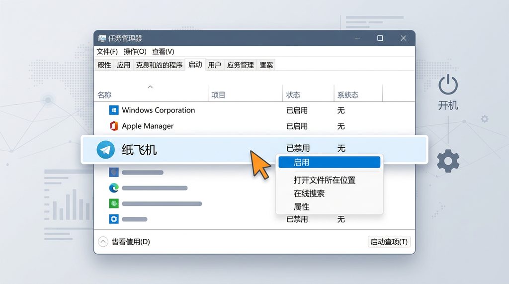 Windows任务管理器启动项列表，鼠标右键点击纸飞机选择启用的操作界面，扁平化窗口风格