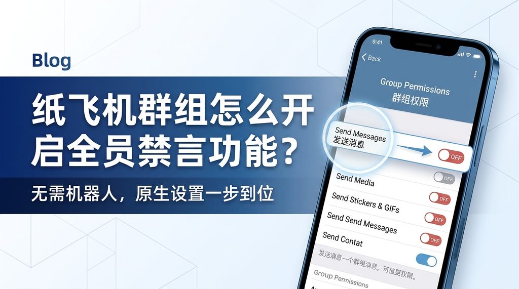 纸飞机群组设置界面，展示权限管理中的“发送消息”开关位置，背景为简洁的手机UI风格