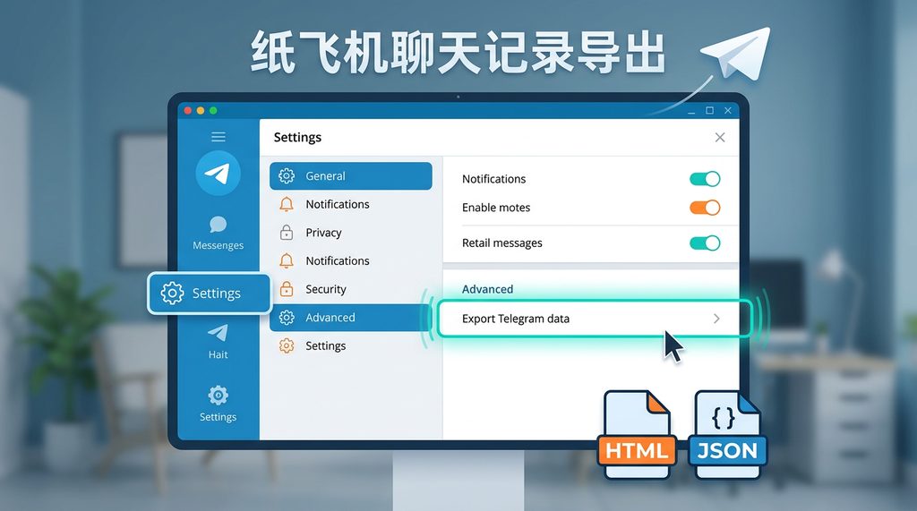 电脑桌面端纸飞机设置界面，高亮显示“导出数据”选项，界面简洁明了