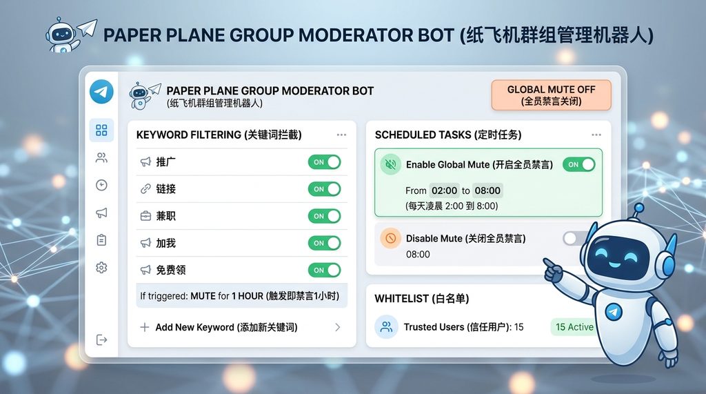 纸飞机机器人控制后台，显示关键词拦截和定时任务设置的交互界面，简洁直观