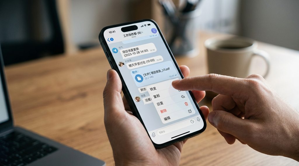 手机端纸飞机聊天界面，手指正在长按某条对话，弹出转发菜单的特写