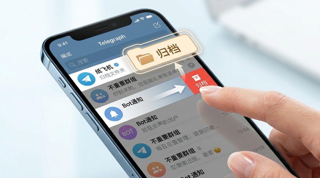 智能手机界面演示,手指滑动纸飞机聊天列表进行归档的操作截图,突出归档文件夹位置