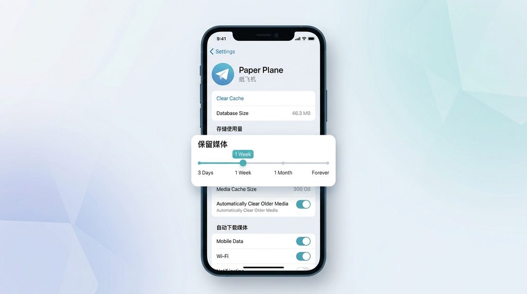 纸飞机软件内部设置页面,重点展示“存储使用量”和“保留媒体”时间的调节滑块,极简风格