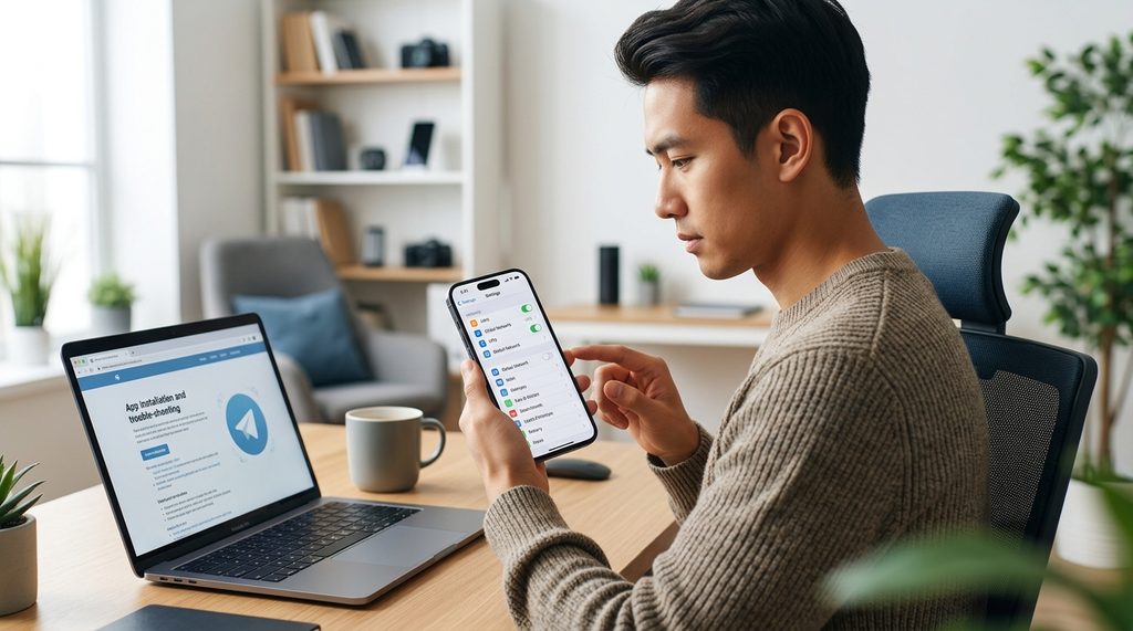 一名用户坐在电脑桌前，手里拿着iPhone调整手机网络设置，背景是简洁的办公空间