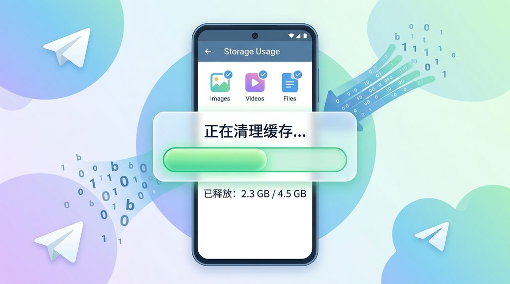 手机界面截图,显示“清理缓存”按钮点击后的进度条,背景色调柔和,突出手机存储空间释放的过程