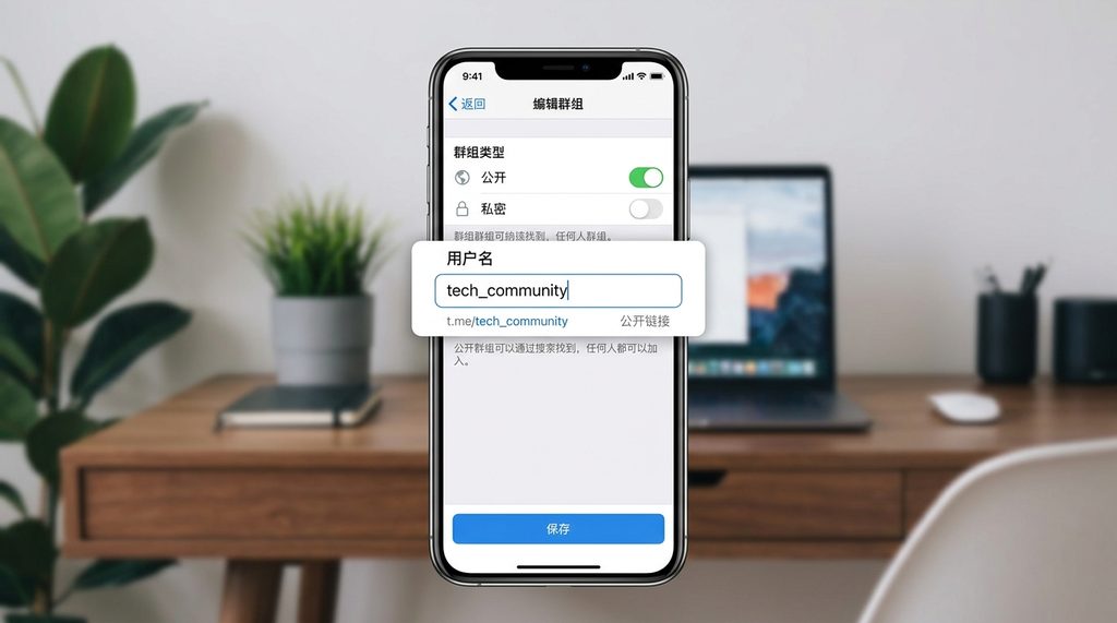 纸飞机群组设置页面截图,展示群组类型从私密修改为公开,并设置自定义用户名的输入框,简洁的手机界面UI