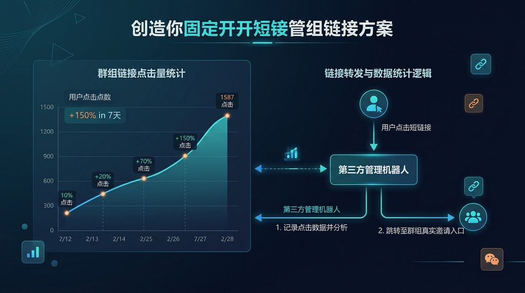 数据可视化仪表盘展示,包含点击量统计曲线图和连接转发的逻辑示意图,极简科技风