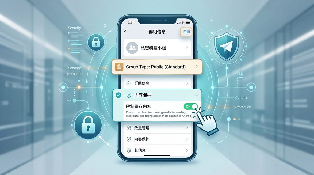 一个手机界面演示，显示在群组设置中开启“限制保存内容”开关的步骤，UI风格简洁清晰