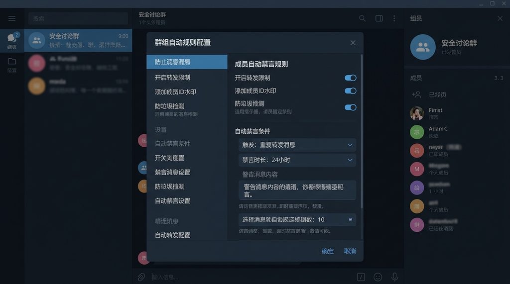 纸飞机群组后台机器人管理界面，显示正在配置成员自动禁言规则的截图