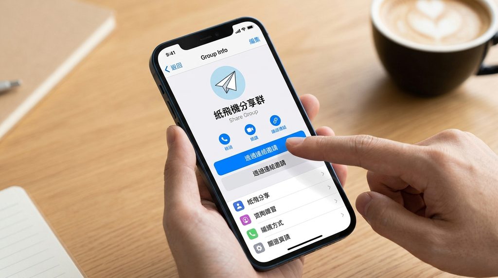 一部智能手机的屏幕显示纸飞机群组详情页,手指正在点击“通过链接邀请”按钮,界面简洁清晰