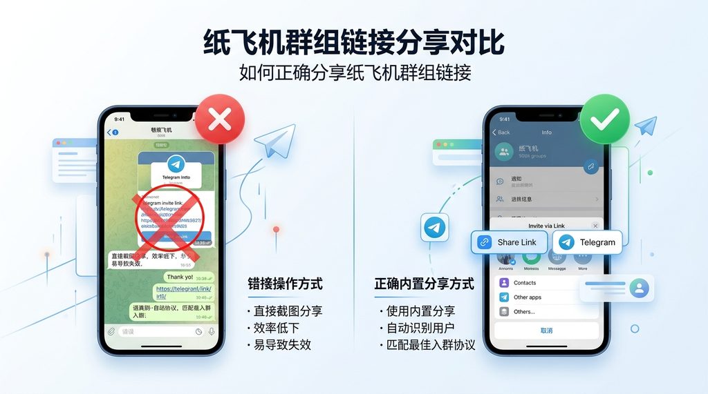 一个清晰的对比图,左侧显示错误的操作方式(直接截屏),右侧显示正确的内置分享菜单弹出效果